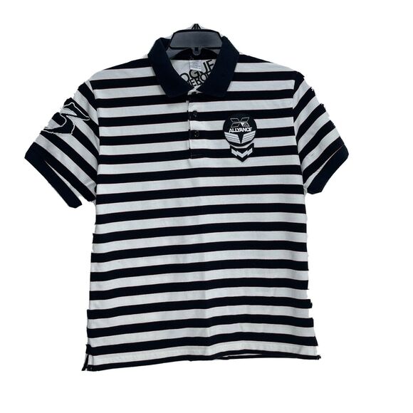 Allyance O-Hooligan Men's Pullover Shirt Polo Size L Striped Black White Patches - Picture 1 of 6